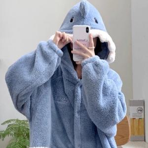 상어 후드 원피스 수면잠옷 여성 극세사잠옷 파자마 홈웨어 기모 겨울잠옷 롱원피스