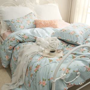 컨트리 로즈 프릴 공주 꽃 이불 커버 세트 퀸 Q