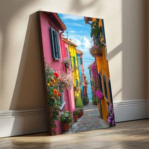 지중해 골목길의 봄날 캔버스액자 알루미늄액자 꽃과 바다가 만난 지중해 풍경 포스터 그림액자