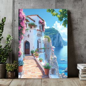 절벽위에 하우스 캔버스액자 알루미늄액자 꽃과 바다가 만난 지중해 풍경 포스터 그림액자