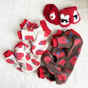 강아지 올인원 토마토 기모 골지 바지 보온 겨울 강아지옷 S