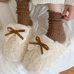 리본 레이스 털 실내화 주름 양말 세트