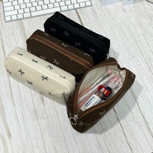 리본 코듀로이 필통 미니멀 수납 펜슬 파우치