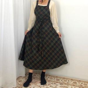 겨울 크리스마스 기모 체크 원피스 앞치마 (레드/그린)