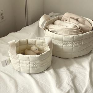 우유 누빔 패브릭 바스켓 장난감  보관함 천 원형 바구니 : 아이보리 S