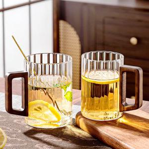 홈카페 우드 손잡이 내열유리 머그컵 450ml 2P