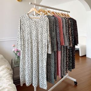 여성 플라워 피치기모 루즈핏 긴팔 원피스 파자마