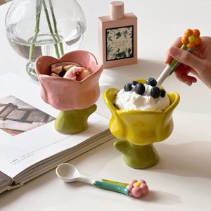 로맨틱 튤립 아포가토컵+꽃 도자기 티스푼세트 요거트컵 아이스크림볼 세라믹