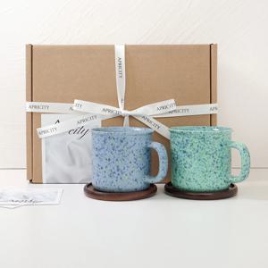 테라조 페인팅 머그컵 2인 세트 (원목컵받침 포함) 신혼부부 집들이 커피잔 머그잔 선물세트