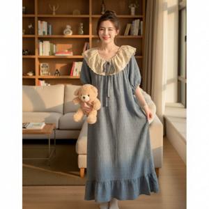 로맨틱 레이스카라 거즈면 롱원피스 홈웨어