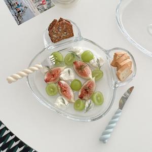 곰돌이 내열유리접시 3구 식판 나눔접시 브런치 플레이트