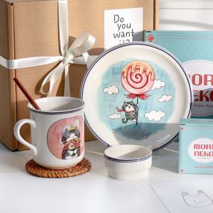 선물포장 고양이 브런치 접시+소스볼+머그 식기세트 귀여운 그릇 답례품 집들이선물 D69