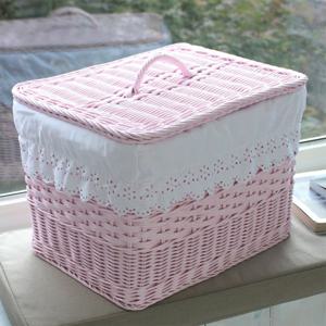 직사각 다용도 뚜껑 라탄 바구니 핑크 레이스천 포함 B603P