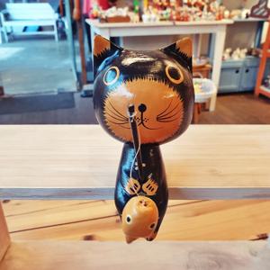 낚시하는 검은고양이 목각인형  큰사이즈