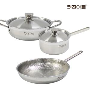 스텐레스 인덕션 후라이팬 냄비세트 (퀸즈 통3중 냄비(편18+전24)+퀸엠보 후28)