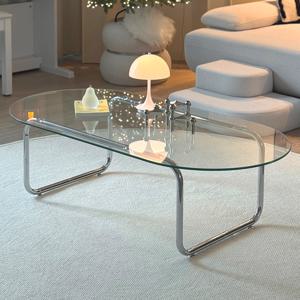 [리퍼] 미스틱 타원형 거실테이블 유리 크롬 미드센츄리 소파 사이드 투명 인테리어 디자인