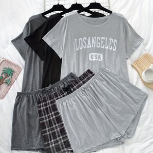 TEMU 3세트 여성용 플러스 캐주얼 잠옷 세트, 플러스 사이즈 레터 & 플레드 프린트 반팔 상의 & 반바지 라운지 6피스 세트|여름잠옷|반팔