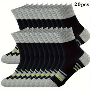 TEMU 남성용 미드 카프 양말 20켤레 팩, 통기성 좋은 긴 양말, 단색, 활용도 높음, 스포티, 레터링, 캐주얼 남성 양말