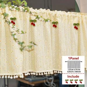 TEMU 2D 도어 커튼, 데이지 볼 엣지 패키지, 상단 로드 걸이 설치형, 로맨틱 파스텔 스타일 침실용 일본식 문커튼, 거실 베이 창문 발코니 분할 커튼, 커피 커튼, 다이닝 키친 장식용 짧은 드레이퍼리 체리 장식 액세서리 포함 무료 DIY 설치|커튼봉
