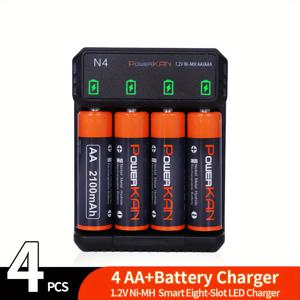TEMU 배터리 + 충전기 세트, 파워KAN 1.2V 니켈 수소 충전식 AA & AAA 배터리 + N4 충전기, 고용량 AA 배터리 2100mAh x4 & AAA 배터리 800mAh x4 조합 USB 빠른 충전 AA AAA 배터리 충전기