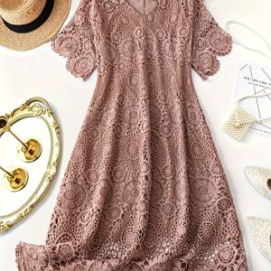 TEMU 플러스 사이즈, 여성용 플로우 브라운 V넥 드레스 - 우아한 논스트레치 포멀 & 캐주얼 맥시, 세탁기 사용 가능, 파티·오피스·일상복, 레이스 디테일, 편안한 핏, 패션러브, 가벼운 소재, 스타일리시 레이디스, 레이스 원피스