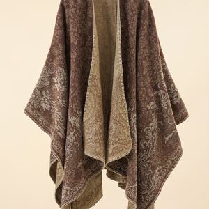 TEMU 여성용 플러스 사이즈 블랙 앤 화이트 파이즐 숄 - V넥, 비대칭 카프 카디건, 버튼 프론트, 가을 & 겨울에 완벽, 캐주얼 웨어블 블랭킷, 캐주얼 웨어블 블랭킷|파이즐 패턴|조금 늘어나는 소재