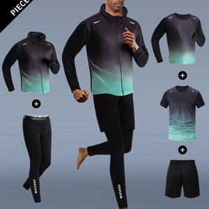 TEMU 5개 맨즈 운동복 세트, 긴팔 후드 집업 재킷, 스키니 핏, 약간의 스트레치가 있는 올 시즌 니트 폴리에스테르, 크루 넥, 옴브레 패턴, 반바지 & 티셔츠 포함