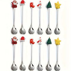 TEMU 12개 세트 축제 스테인리스 스틸 크리스마스 커피 스푼 세트 - 디저트, & 밀크셰이크에 이상적 - 완벽한 휴일 선물 및 테이블 장식