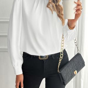 TEMU 우아한 다용도 여성 긴팔 블라우스 - 화이트 라운드넥 단색 셔츠, 세탁기 및 드라이클리닝 가능, 사계절 착용, 청소년 & 성인용, 오피스 & 캐주얼룩, 스타일리시 유쾌한 의류, 쉬운 관리 디자인 탑