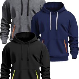 TEMU 남성용 플리스 안감 후드 스웨트셔츠 3개 세트 - 조절 가능한 끈이 있는 캥거루 포켓 & 리브 커프스, 가을 겨울용 220gsm 헤비웨이트 캐주얼 풀오버 (담배 갈색, 헤더 그레이, 블랙) | 기계 세탁 가능 캐주얼 스타일 후디 | 캐주얼 웨어 후디