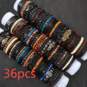 TEMU 18피스/36피스 남성용 목걸이 세트, 나무 구슬과 PU 가죽, 남성용 팔찌, 빈티지 북 브레이슬릿, 크리스마스 선물