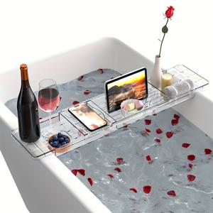 TEMU 와인잔 홀더, 휴대폰 스탠드 및 다중 칸막이가 있는 조절 가능한 욕조 트레이 1개 - 편안한 스파 경험을 위한 내구성 플라스틱 목욕 캐디, 스파 릴랙세이션 트레이 | 현대적인 욕조 캐디 | 방수 욕조 트레이, 욕조 액세서리