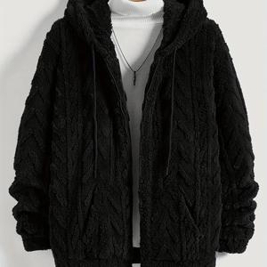 TEMU 남성용 따뜻한 역전 가능 플리스 후드 캐주얼 긴 소매 재킷, 단색 니트 원단, 폴리에스터 100%, 정상 핏, 지퍼 잠금, 안감 없음, 가을/겨울 주말용 - 성숙한 스타일