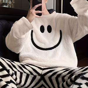 TEMU 남성용 신선한 귀여운 스타일 파자마 세트, 귀여운 미소 자수 + 블랙 앤 화이트 팬츠|잠옷|냉장고바지|옷