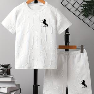 TEMU 남아용으로 두 개의 세트가 있으며, 편안하고 다용도로 사용할 수 있는 반팔 티셔츠와 반바지로, 매일 착용하고 야외 활동에 적합한 시원하고 가벼운 여름 의상입니다.