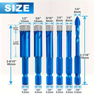 TEMU 타일 & 유리용 드릴 비트 6pcs 세트 - 6mm, 8mm, 10mm, 12mm 카바이드 비트 + 포지셔닝 드릴 포함, 세라믹, 도자기, 대리석, 화강암에 이상적 - 내구성 있고 효율적인 절단 도구, 석재용 드릴 비트