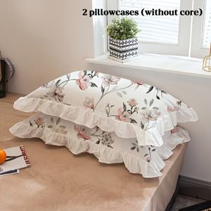 TEMU 2개 세트 우아한 러플 베드 베개 커버 - 부드러운 핑크 & 화이트 플로럴 프린트, 스캘럽 장식, 퀸/킹 사이즈 침대, 소파용 - 세탁기 사용 가능 (내부 쿠션 미포함) - 레이스 느낌의 침구