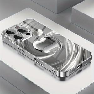 TEMU 아이폰 16프로맥스/16플러스/16프로/15프로맥스/15플러스/15프로/14프로맥스/14플러스/14프로/13프로/13/12프로맥스/12프로/12/11프로/11프로/11/xs맥스/xr/x/7플러스/7용 스타일리시 실버 애플 패턴 폰 케이스, HD 유리 보호 필름 및 렌즈 커버 포함