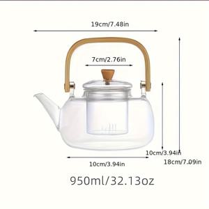 TEMU 1개 950ml 투명 유리 티포트, 대나무 손잡이 - 스토브 끓이기, 커피, 차 우리는 데 다용도 - 가정용, 캠핑, 휴일 선물로 완벽, 선물용 티포트 | 고급스러운 유리 제품 | 튼튼한 유리