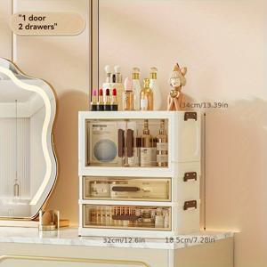 TEMU 1개 접이식 대용량 화장품 수납장, 서류 정리함 드로어 포함 - 투명 오픈 선반 유닛 (메이크업, 제품, 문서 및 책용) (2025 신제품), 메이크업 정리 및 보관용품, 클래식 디자인,뷰티 애호가,사무직 근로자|책꽂이|화장품정리함