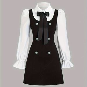 TEMU 우아한 2-in-1 드레스, 분리 가능한 리본 타이 & 프릴 슬리브 - 블랙 & 화이트 대비, 앞 단추 클로저, 봄/여름에 완벽한 여성 패션, 귀여운 드레스