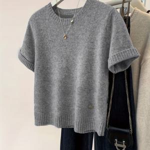 TEMU 여성용 우아한 라운드넥 탑 & 골든 아이언온 패치 - 소프트 그레이 다목적 봄/여름 셔츠, 일본-한국 스타일 캐주얼~드레스 블라우스