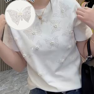 TEMU 여성용 반짝이는 라인스톤 & 진주 장식 나비 디자인 반팔 티셔츠 - 봄/여름용 라운드 넥 캐주얼 탑, 세탁기 사용 가능, 캐주얼 및 정장에 어울리는 다용도, 우아한 질감의 스프링 여름 의류, 통기성 소재, 패션 블라우스|반팔블라우스