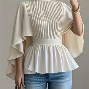 TEMU 여성용 우아한 화이트 하이넥 블라우스 - 스트럭처드 숏 슬리브 스모크 셔츠, 주름 떨어짐 칼라, 반투명 올시즌 탑, 캐주얼 & 포멀 웨어 (오피스, 웨딩 게스트) - 논스트레치 매끄러운 소재, 세탁기 사용 가능|반팔셔츠|반팔