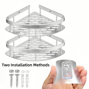 TEMU 2pcs 알루미늄 합금 욕실 선반 - 사각형 및 삼각형 디자인, 폴리시드 마감, 접착 스트립으로 쉽게 설치, 샴푸, 샤워 젤, 비누를 위한 공간 절약형 정리기 - 현대적인 그리드 패턴, 욕실 보관 선반, 샤워 선반, 현대적인 장식, 세련된 마감, 내구성 있는 구조, 장식, 고품질 재질, 가정 정리