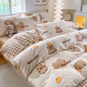 TEMU 귀여운 카피바라 패턴 하이포 침구 세트 (1 이불커버 + 1 피트시트 + 2 베개커버) 부드러운 기계세탁 가능 합성소재, 사계절용, 이불솜 및 베개솜 미포함