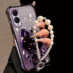 TEMU 삼성 갤럭시 S25 에지 호환용 25엣지 럭셔리 플레팅 쇼크방지 두꺼운 코너 글리터 카드 폰 케이스, 귀여운 미러 토끼 브래킷 우아한 팔찌 체인 소프트 TPU 백커버