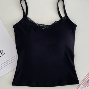 TEMU 1개 브랜디 BM 로리타 스타일 여성용 우아한 캐미솔, 레이스와 리본 장식 디테일, 여름 필수 베이스 탑, 내장 패드 브라, 통기성 좋은 편안한 매끄러운 질감, 잠옷, 봄/여름 비치웨어 조끼|여름잠옷|캡나시