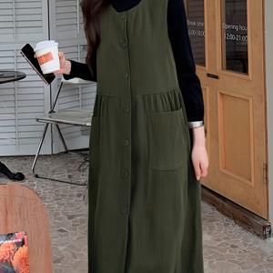 TEMU 여성용 올리브 그린 민소매 드레스 - 비탄력 버튼 프론트 미디 스커트, 캐주얼 & 포멀룩 루즈 H라인 실루엣, 코듀로이 질감, 세탁기 사용 가능 일상부터 파티웨어까지, 정교한 제작|나시원피스|민소매원피스