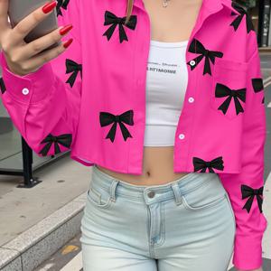 TEMU 여성용 반팔 버튼업 셔츠 - 생동감 넘치는 핑크색 & 식물 프린트, 클래식 칼라, 세탁기 사용 가능, 봄 여름 가을 캐주얼~포멀 블라우스